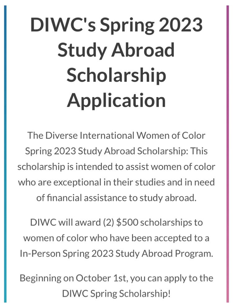 DIWCFund's tweet photo. Our 2023 Spring Scholarship is now available for students to apply. Now until November 1st, you can apply to win a $500 scholarship to study abroad for the Spring 2023 semester! #studyabroad https://t.co/PVdZ11ACWV