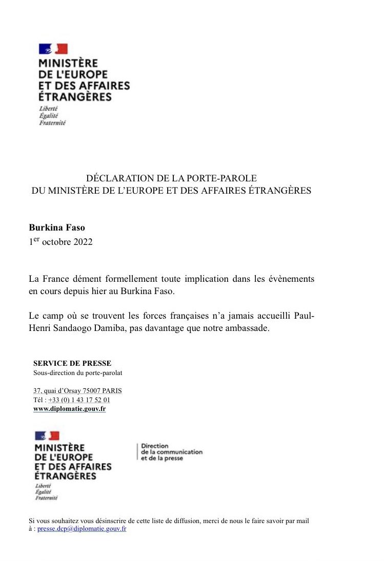 josly_ngoma's tweet photo. #BurkinaFaso : Communiqué du ministère français des affaires étrangères qui dément abriter le lieutenant-colonel Damiba. https://t.co/OVxwFIFkie