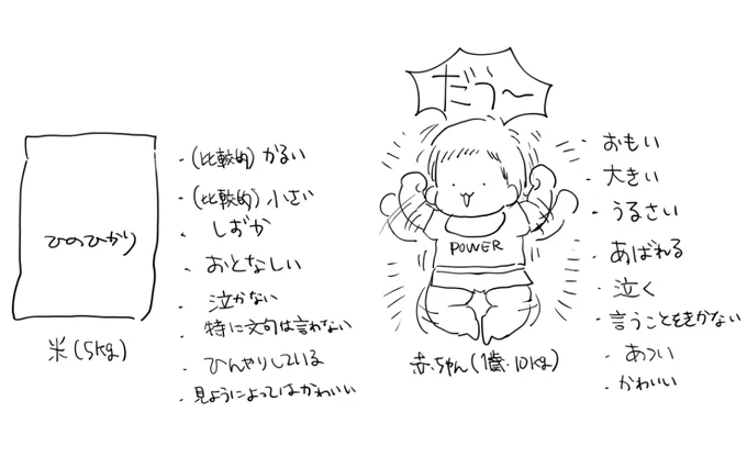子供いない頃は『あ～今日米買って帰らないかん日か～ダリ～』みたいな気持ちがあったが、一度重い赤子を抱えてウロウロする経験をすると米がめちゃくちゃ可愛く見えてくる 米は暴れないから 