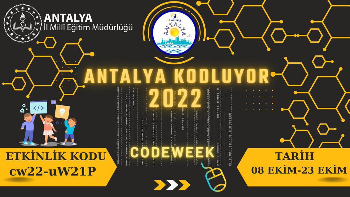 📣Antalya Kodluyor 2022📣
Uluslararası "Kod Haftası" kapsamında öğrencilerimizi kodlama etkinlikleri ile buluşturuyoruz. <a href="/emre_caliskan/">Emre Çalışkan</a> <a href="/AntalyaValilik/">T.C. Antalya Valiliği</a> <a href="/tcmeb/">Millî Eğitim Bakanlığı</a>