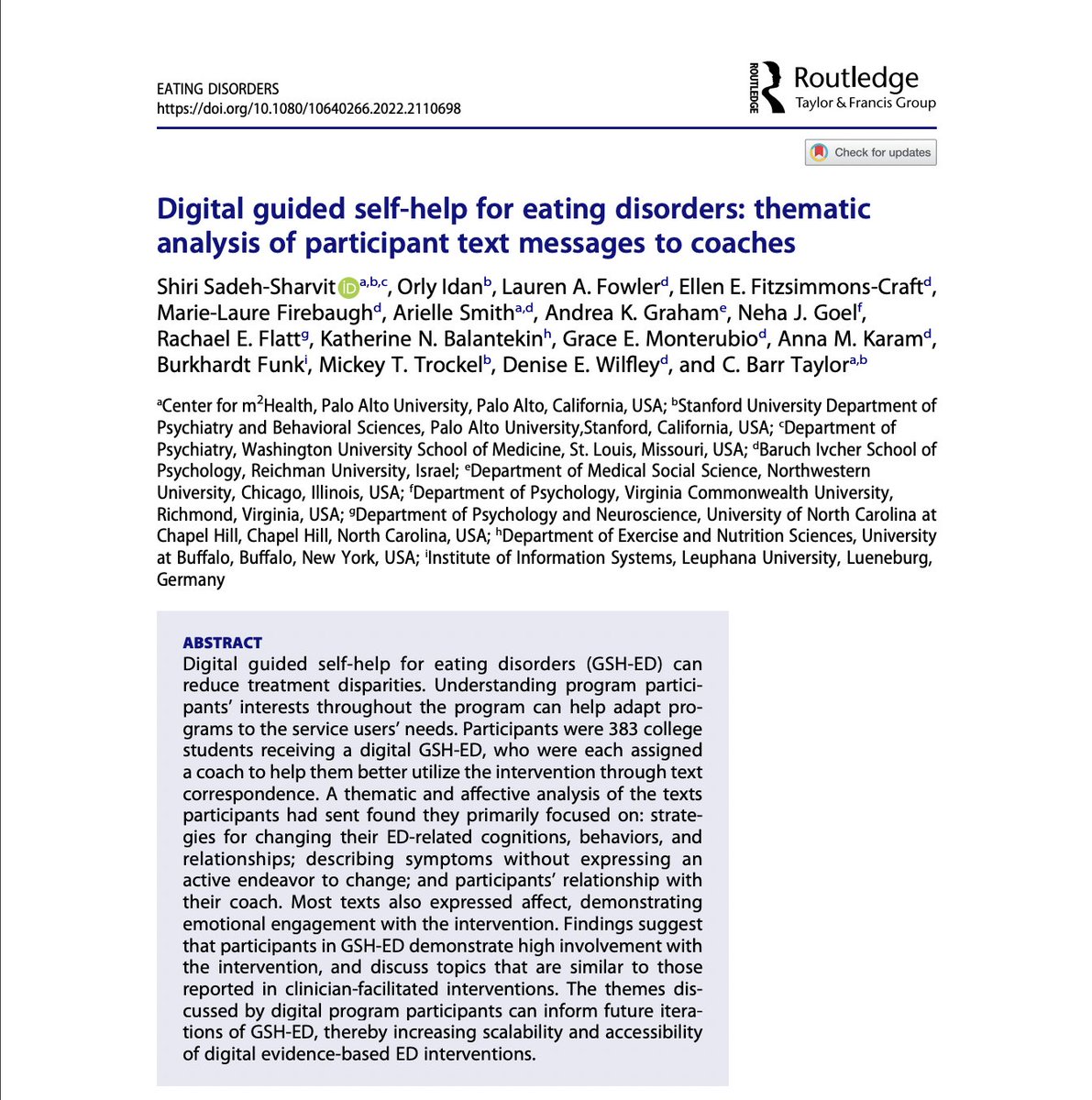 Shiri Sharvit, PhD (@shirisharvit) on Twitter photo Are #DigitalInterventions different from traditional forms of #therapy?
Our new paper in <a href="/EDsJTP/">ED Journal of T&P</a> explores this question with @DrLaurenAFowler <a href="/fitzsimmonscraf/">Ellen Fitzsimmons-Craft, PhD</a> @Arielle_C_Smith <a href="/andreakgraham/">Andrea Graham</a> <a href="/nehajgoel28/">Neha J. Goel, PhD</a> <a href="/RachaelFlatt/">Rachael Flatt</a> <a href="/kbalantekin/">Katie Balantekin, PhD, RD</a>
A thread 🧵
rb.gy/rvgg5d Are #DigitalInterventions different from traditional forms of #therapy?
Our new paper in <a href="/EDsJTP/">ED Journal of T&P</a> explores this question with @DrLaurenAFowler <a href="/fitzsimmonscraf/">Ellen Fitzsimmons-Craft, PhD</a> @Arielle_C_Smith <a href="/andreakgraham/">Andrea Graham</a> <a href="/nehajgoel28/">Neha J. Goel, PhD</a> <a href="/RachaelFlatt/">Rachael Flatt</a> <a href="/kbalantekin/">Katie Balantekin, PhD, RD</a>
A thread 🧵
rb.gy/rvgg5d