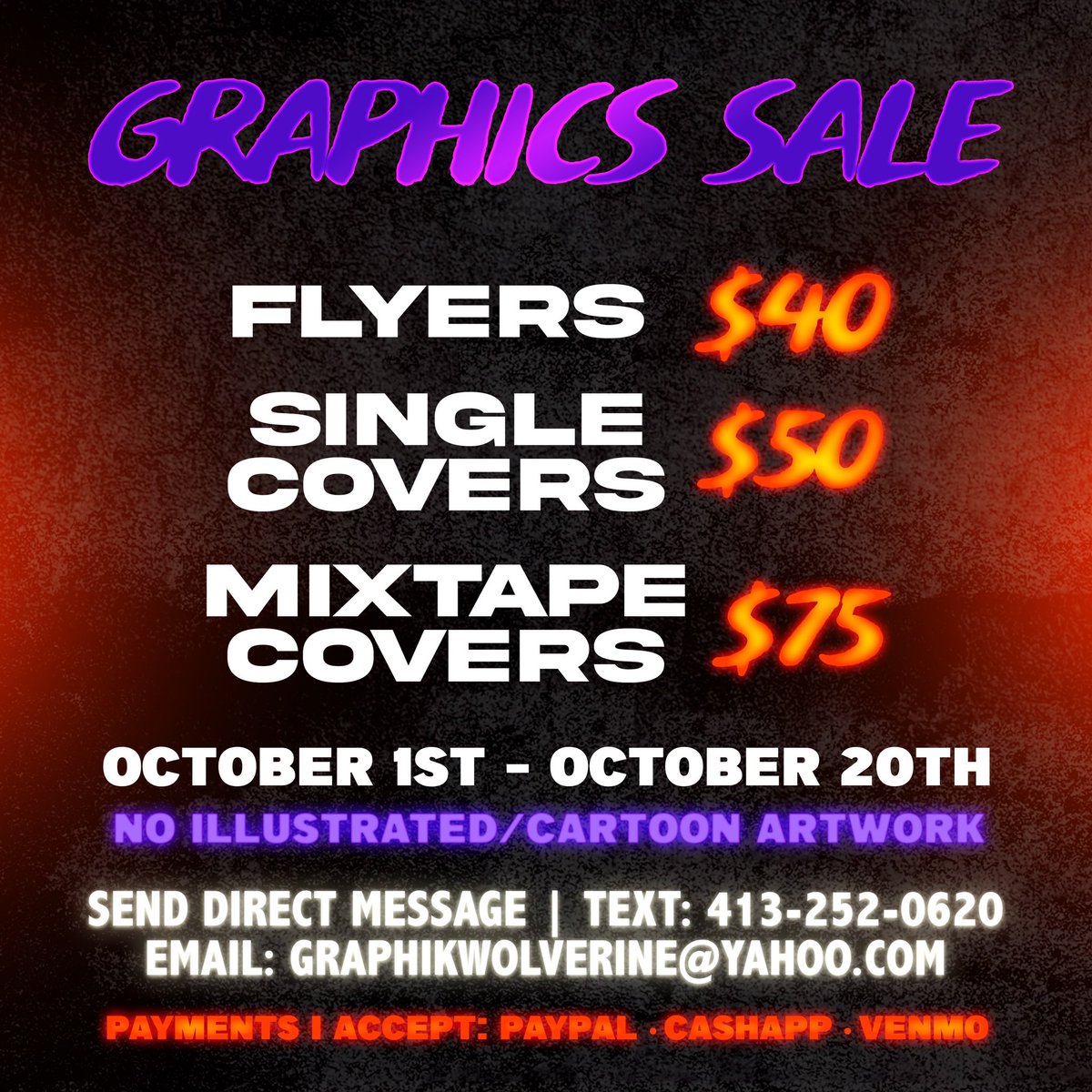 Sale on Graphics! Lets Work! 

Instagram.com/graphikwolveri… 

#MixtapeCovers #SingleCovers #Flyers #Graphics #GraphicDesign #graphicdesigner #coverart #rappers #singers #djs #clubpromoters #Business #work #newyork #california #detroit #chicago #atlanta #boston