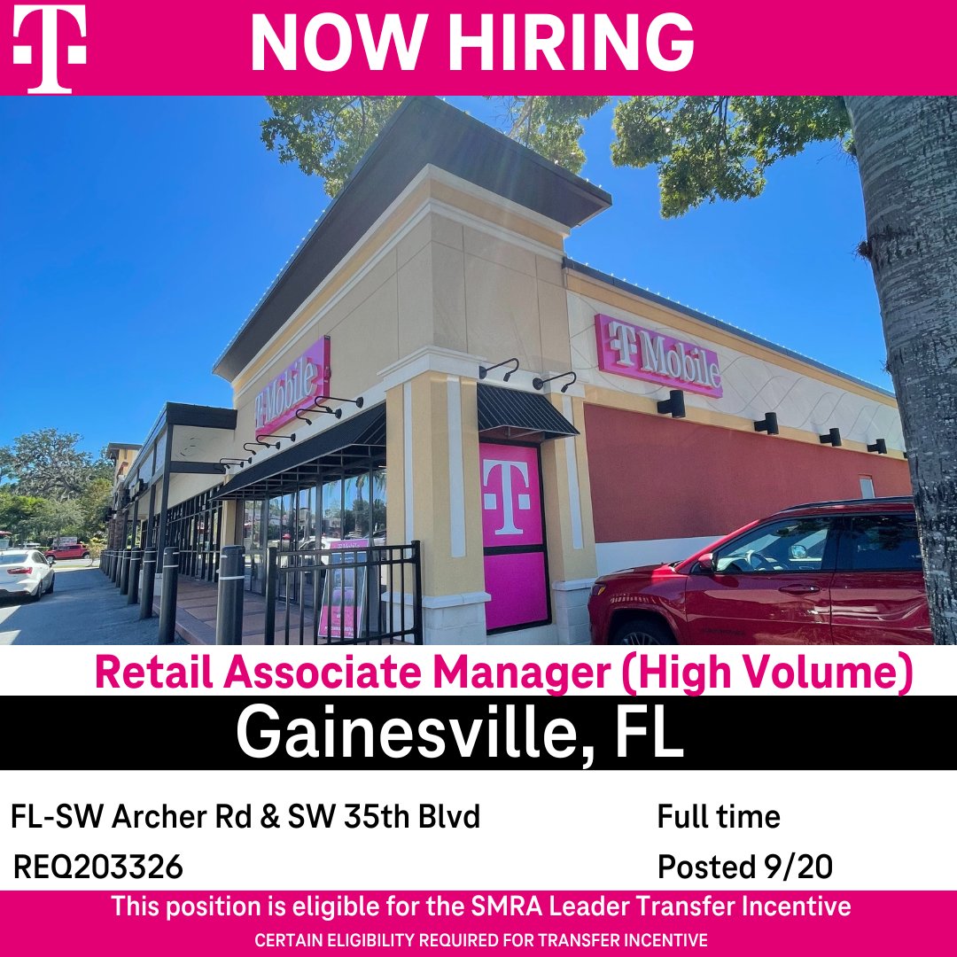 New Opportunity Alert! Our High Volume location in Gainesville, FL is looking for our next RAM. Perfect opportunity for growth and challenge. Check the REQ out and see if the SMRA incentive fits you!