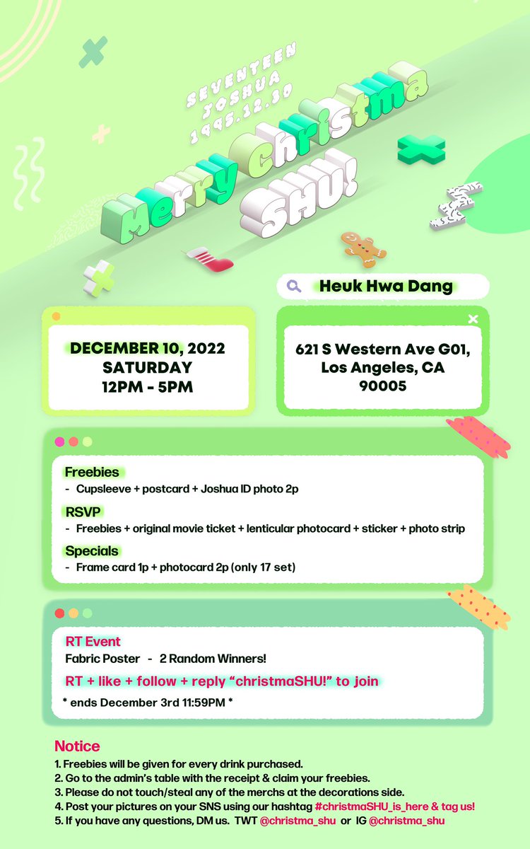 christma_shu's tweet photo. 💎Merry ChristmaSHU!🎄

We’re happy to announce the location of our Joshua cupsleeve event!
￼
📍Heuk Hwa Dang
December 10 SAT 12-5pm

Hope to see you there!

Please stay tuned, as details, rsvp, and more will all be posted very soon.

#ChristmaSHU! #christmaSHU_is_here #Joshua https://t.co/OEeJ5Ip8vT