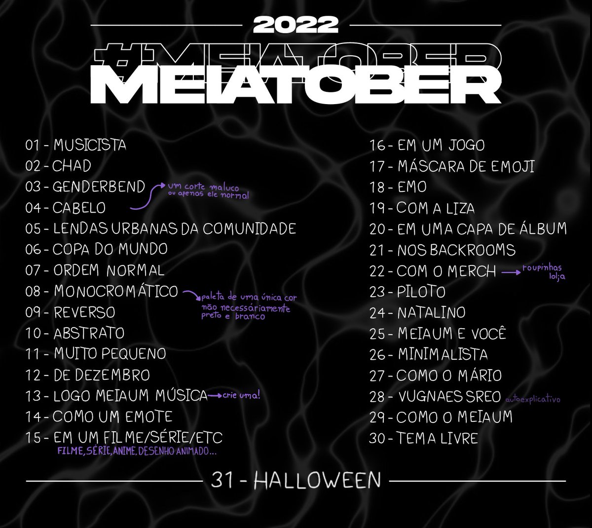 SE PREPAREM ARTISTAS!
VEIO AI O #Meiatober 2022! 

• arte: @miribis_ 
(ideias da arte por <a href="/faesoup/">Fae</a>)
• idealização e organização de temas: (<a href="/FlaviCueia/">Flávia Sirigaita 🍑💨</a>, <a href="/vernonvernof/">anne</a>, @emofnk, <a href="/faesoup/">Fae</a> e @miribis_) 

(Não esqueçam de postar seus desenhos usando a hashtag #Meiatober)