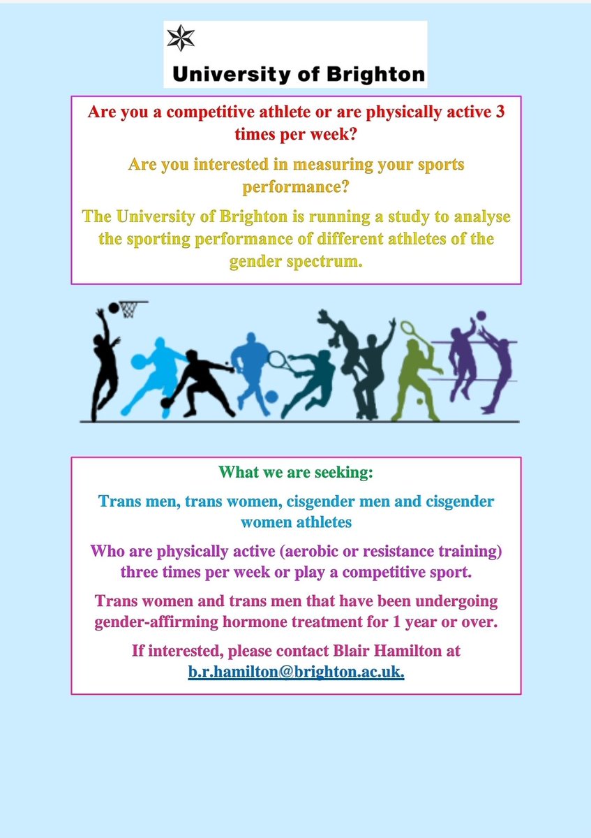 We are recruiting for 2 studies <a href="/uniofbrighton/">University of Brighton</a> 👇👇

Study 1: 
Trans men, trans women, cis men, cis women. 1 visit, trans athletes must have had 1+ years hormone therapy

Study 2:
Trans men, trans women, non-binary starting hormone treatment. 4 visits, 0, 3, 6, and 12 months post