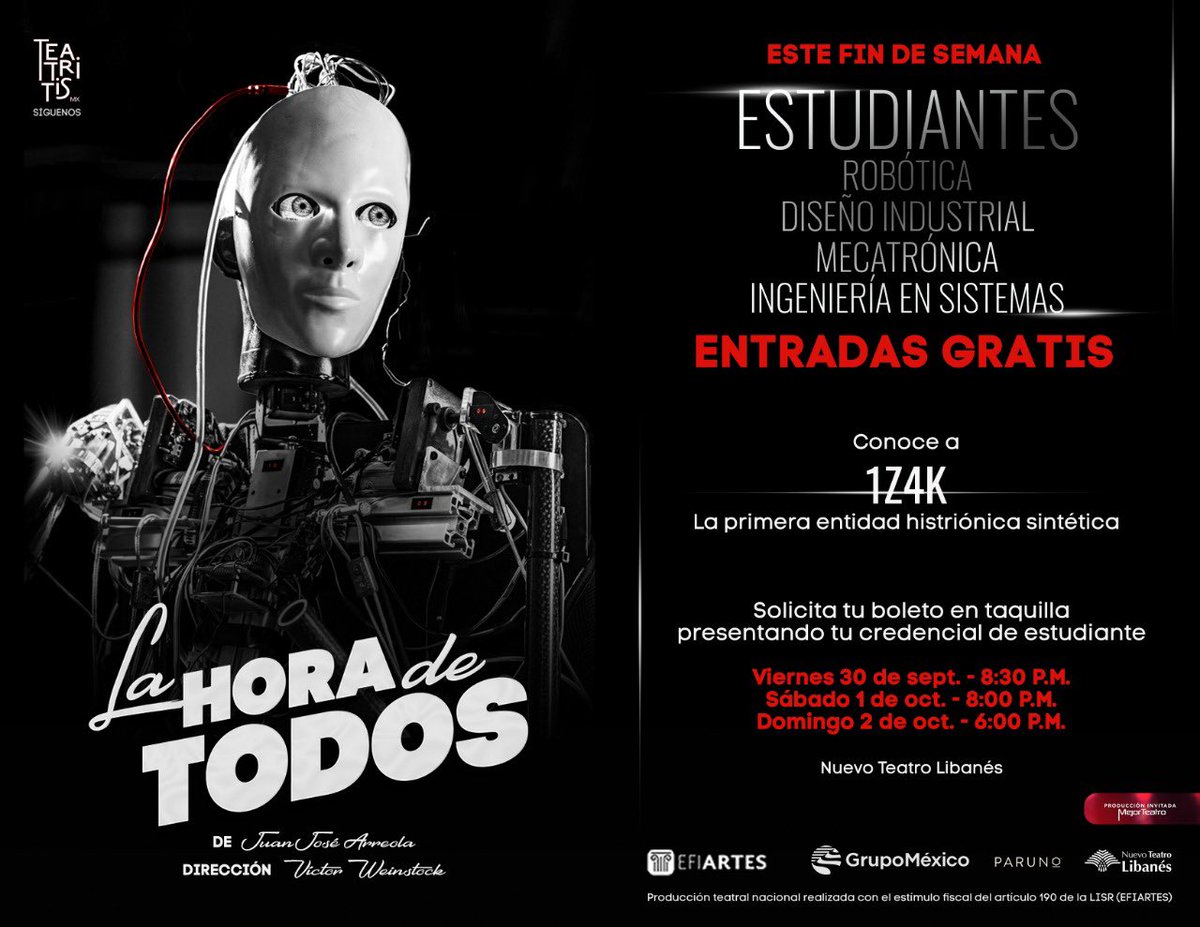 ¿Estudias robótica o carreras relacionadas? Este fin de semana te esperamos en #Lahoradetodos. Solicita tu cortesía en la taquilla del <a href="/TeatroLibanes/">Teatro Libanes</a> #Robótica #Mecatrónica