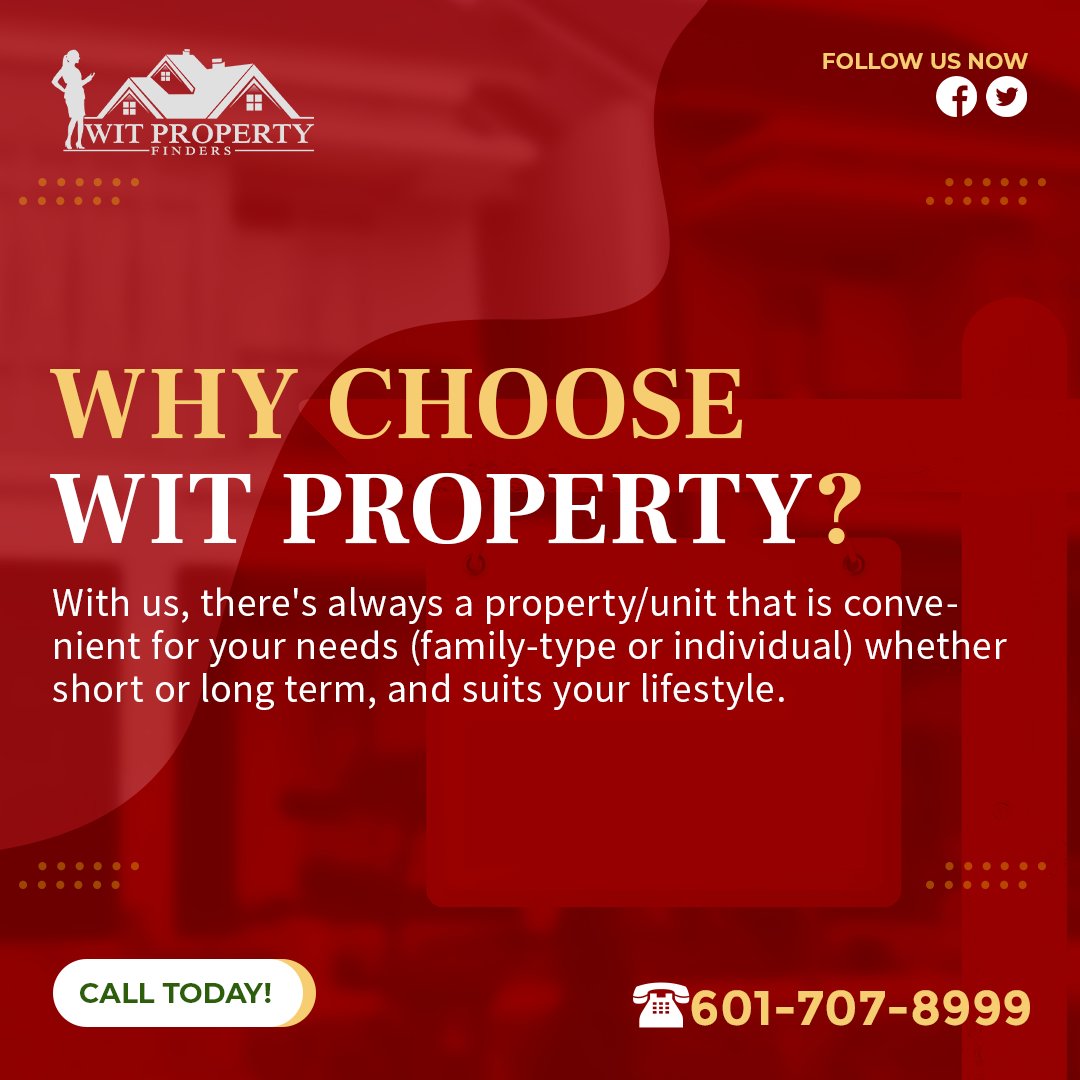 Why choose WIT property?

With us, there's always a property/unit convenient for your needs (family-type/ individual) short or long term, and suits your lifestyle.

Email info@witpropertyfinders.com to speak to us.

#realestate #propertyfinders #Mississippi #WITPropertyFinders