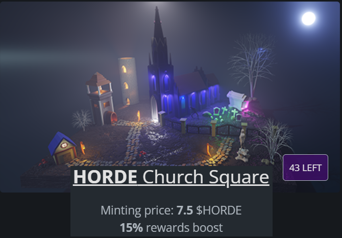 TeriBull2's tweet photo. #FOMO is increasing for the new @HordeTweets #NFT They generate profits from a trading bot. If one has an #NFTscene from the ecosystem, they can mint them using $HORDE thus gaining 10% from sell fees. Those scenes are selling fast!! Only 43 Church, 83 S&R, Cabin 0! https://t.co/5vuhyAbxBt