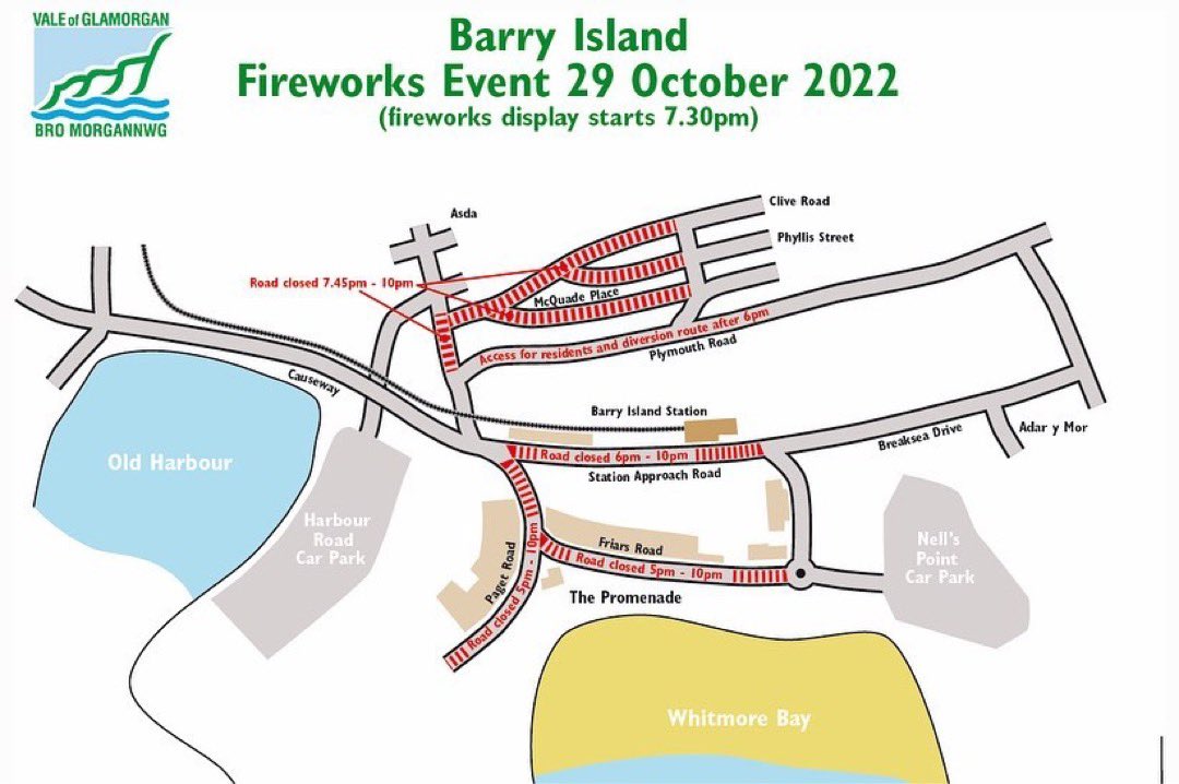 🎆 The annual Charity Firework Fiesta returns to Barry on Saturday 29th October 🎉 The FREE event display is set to begin at 7:30pm. 

Road closures will be in place on the night and access to Barry Island for residents will be via Plymouth Rd which will stay open the duration.