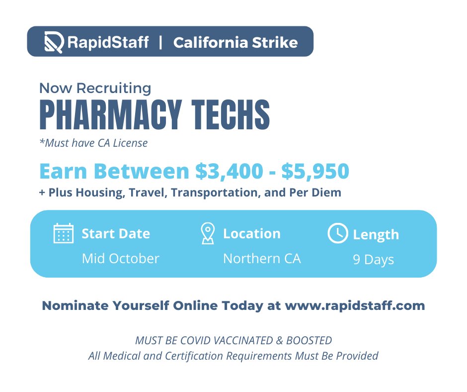 Rapid_Staff's tweet photo. PHARM TECHS needed! 
Earn Between $3,400 - $5,950 
Strike to potentially occur mid-October. Travel on or around 10/13. Away from home up to 9 days.
Nominate yourself at https://t.co/f1zsxXgqFg and a recruiter will be in touch!
#travelnurse #strikenurse #traveljobs https://t.co/icyolVKtLU