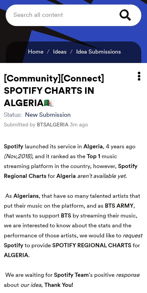BTS_algeria's tweet image. SPOTIFY CHARTS IN ALGERIA 🇩🇿
مخطط سبوتيفاي في الجزائر 🇩🇿

Remember we need 500+ votes to get our idea noticed. 
لا تنسوا أننا بحاجة 500+ تصويت لكي يتم ملاحظة فكرتنا.

Please vote for the idea.
رجاءا قوموا بالتصويت للفكرة.

🗳️:community.spotify.com/t5/Idea-Submis…

#AlgeriaSpotifyCharts