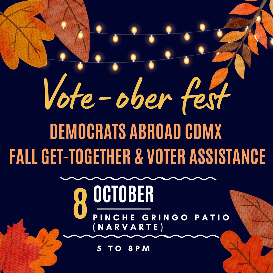 DemsAbroadMX's tweet photo. Come meet @PincheGringoBBQ (Narvarte) some old and new friends and get assistance voting in the upcoming midterm elections! Please RSVP here https://t.co/LVgquBjv23 ๐ณ๏ธ๐บ๐ธ
#democratsabroad #DemsAbroad #expat #ExpatLife #americansabroad #americansinmexico #expatsmexico #MexicoCity https://t.co/1Hawk2ddsv