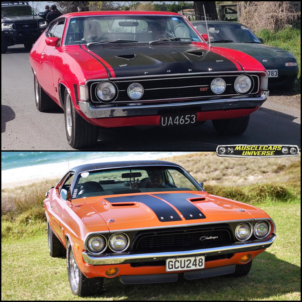 MusclecarsU's tweet photo. What a cool combo! Top or Bottom?? #fordfalcon #aussiemusclecar #dodgechallenger #mopar #moparornocar https://t.co/MDSUDPjBB3