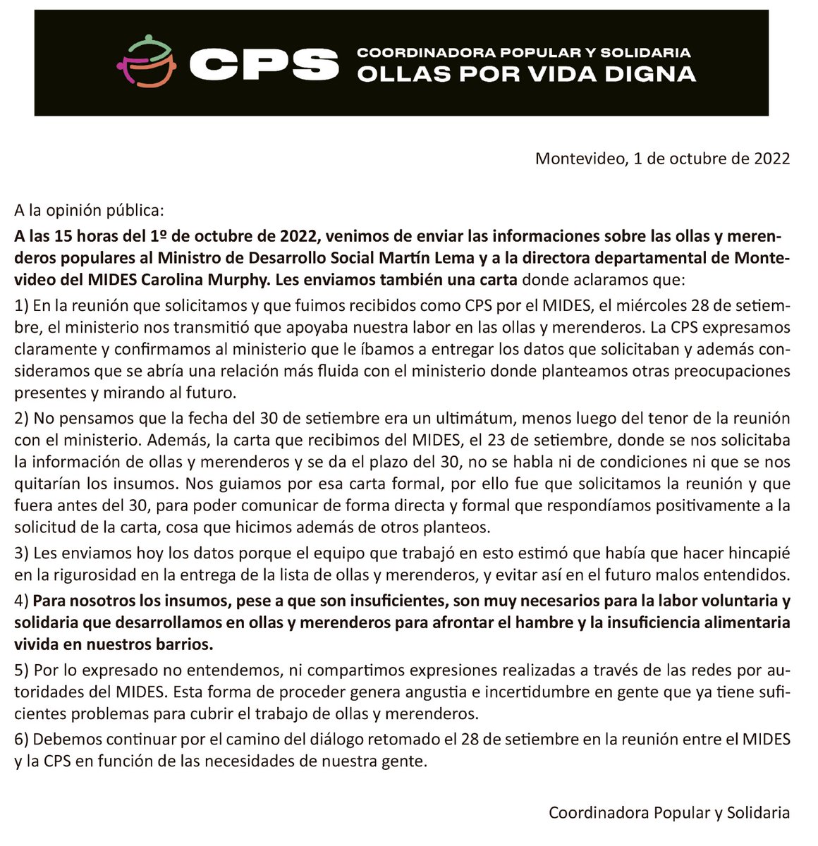 COMUNICADO A LA OPINIÓN PÚBLICA

#OllasPopulares
#OllasPopularesUruguay
#ollaspopulares
#ollas