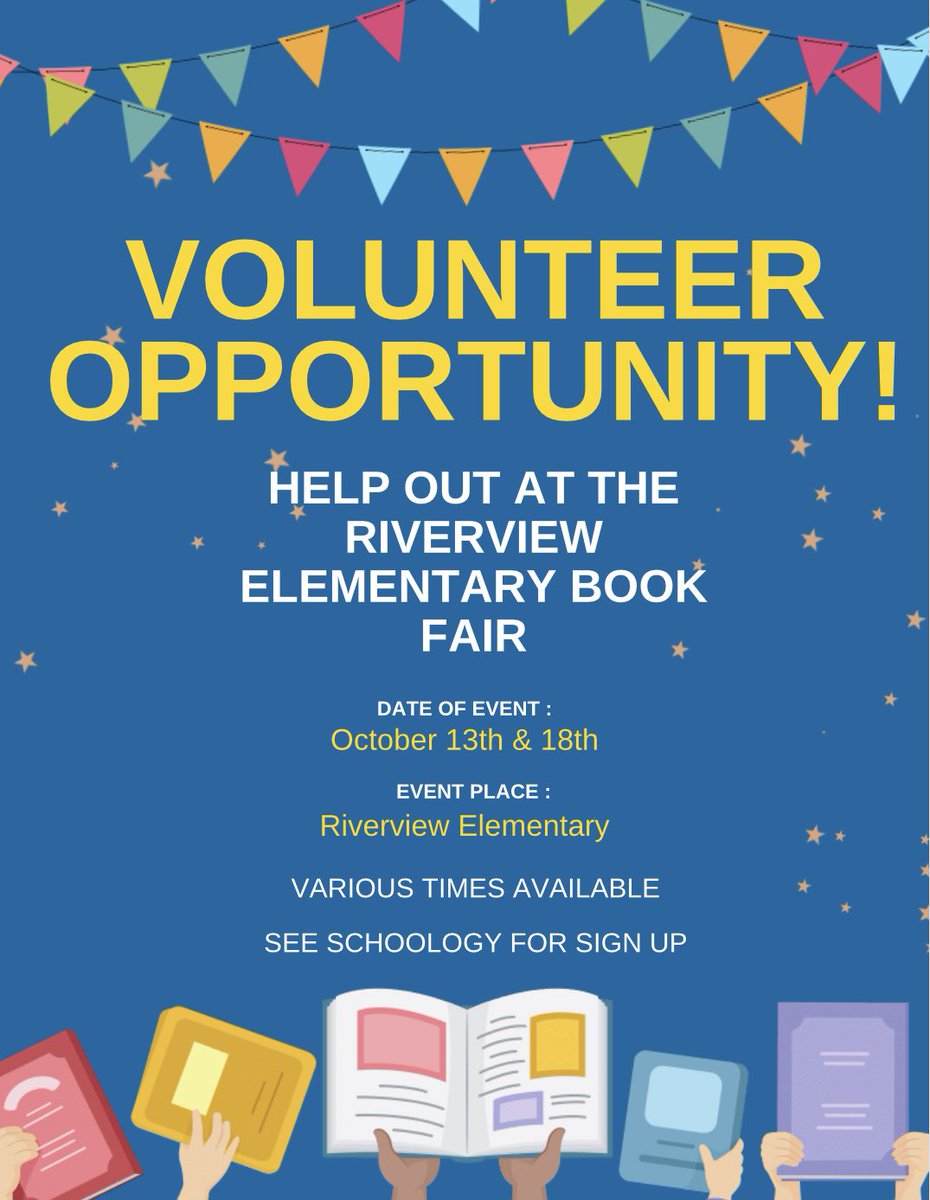 ‼️Volunteer Opp‼️
Help out at the Riverview Elementary Book Fair. See Schoology for sign up. Get those hours!!
