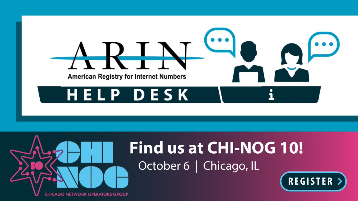 ARIN (@teamarin) on Twitter photo ℹ️ Find our Help Desk at the #chinog10 happening Thursday in #Chicago! ARIN’s Director of Registration Services, Lisa Liedel, will be onsite to provide personalized assistance with resource requests and answers to all your ARIN-related questions arin.net/events/chi-nog… <a href="/_CHINOG_/">chinog.org</a> ℹ️ Find our Help Desk at the #chinog10 happening Thursday in #Chicago! ARIN’s Director of Registration Services, Lisa Liedel, will be onsite to provide personalized assistance with resource requests and answers to all your ARIN-related questions arin.net/events/chi-nog… <a href="/_CHINOG_/">chinog.org</a>
