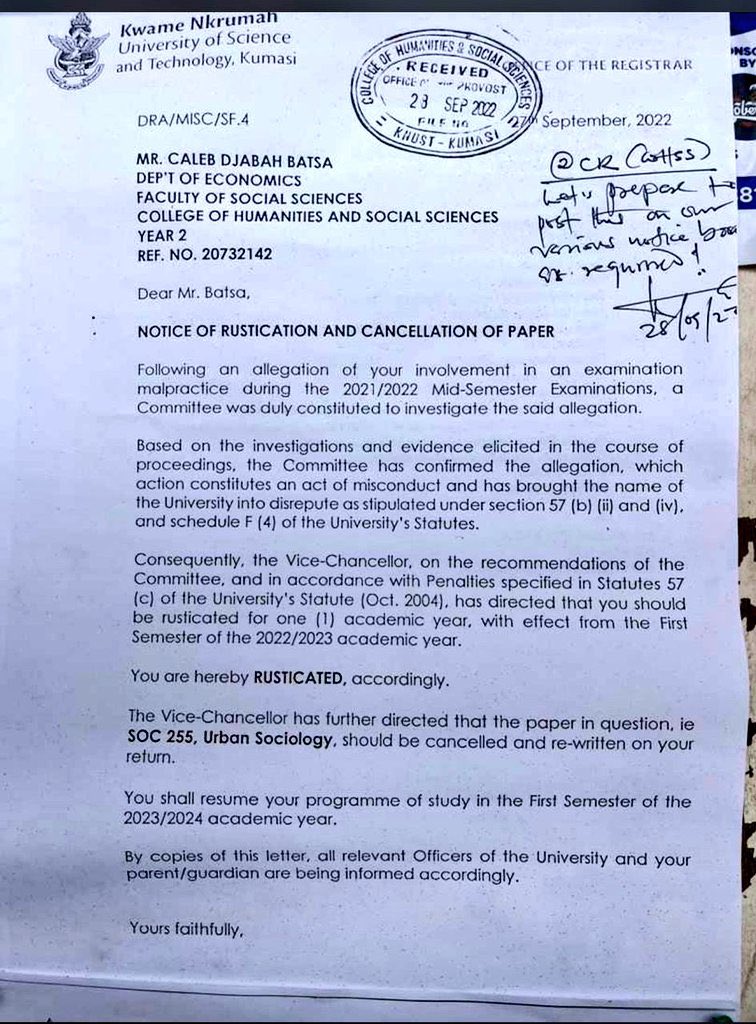 KnustRoad's tweet photo. Master Caleb Djabah, a second year student has been rusticated for one academic year on the grounds of Examination malpractice during the mid-sem examination. https://t.co/kmafq5WedY