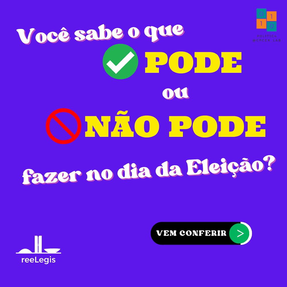 ree_legis's tweet photo. Você sabe o que pode e o que não pode fazer na eleição amanhã? Se não a Equipe reeLegis te conta! @politicaufpe @cpcex_lab #Eleicoes2022 #politica #brasil https://t.co/tw3RU7fu2o