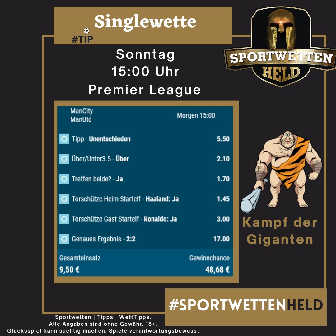 SportwettenHeld's tweet photo. Das Topspiel aus der #premierleague findet heute statt!
#ManCity vs #ManUtd
Sportwetten_de https://t.co/MkuMpJ3Ksu

#SportwettenHeld #WettTipps #Bettingtips #GamblingTwitter #Tipico_DE #Fußball #bet365DE #tipico #bet365 #AdmiralBet #Bwin #Bwin_de #betathome #Betano_BR https://t.co/6HgnJlv0lC