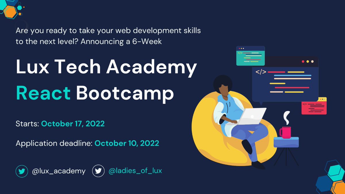 Are you ready to take your web development skills to the next level?
Announcing a 6 week *React* Bootcamp powered by <a href="/lux_academy/">Lux Tech Academy : Build A Future Proof Career</a> and <a href="/Ladies_Of_Lux/">Ladies of Lux Academy</a> .🚀🚀🔥🔥
The registration Link: bit.ly/LuxAcademyReac…
Application deadline: 10th October 2022
