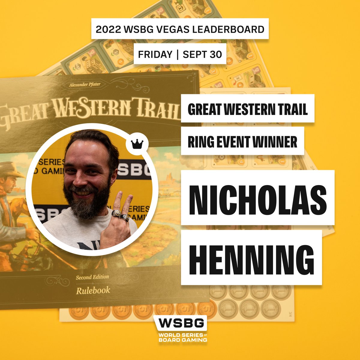 WSBGofficial's tweet photo. Congratulations to Friday's Ring Event Winners—including Semifinalist Nick Henning, who has now won 2 WSBG Rings! (1/2) 📸: @ken_takes_pics
#wsbg #wsbgvegas #greatwesterntrail #gaiaproject #ragame #tickettoride #azulboardgame #boardgamecommunity #2022wsbgvegasresults https://t.co/TDhTGIRhtP