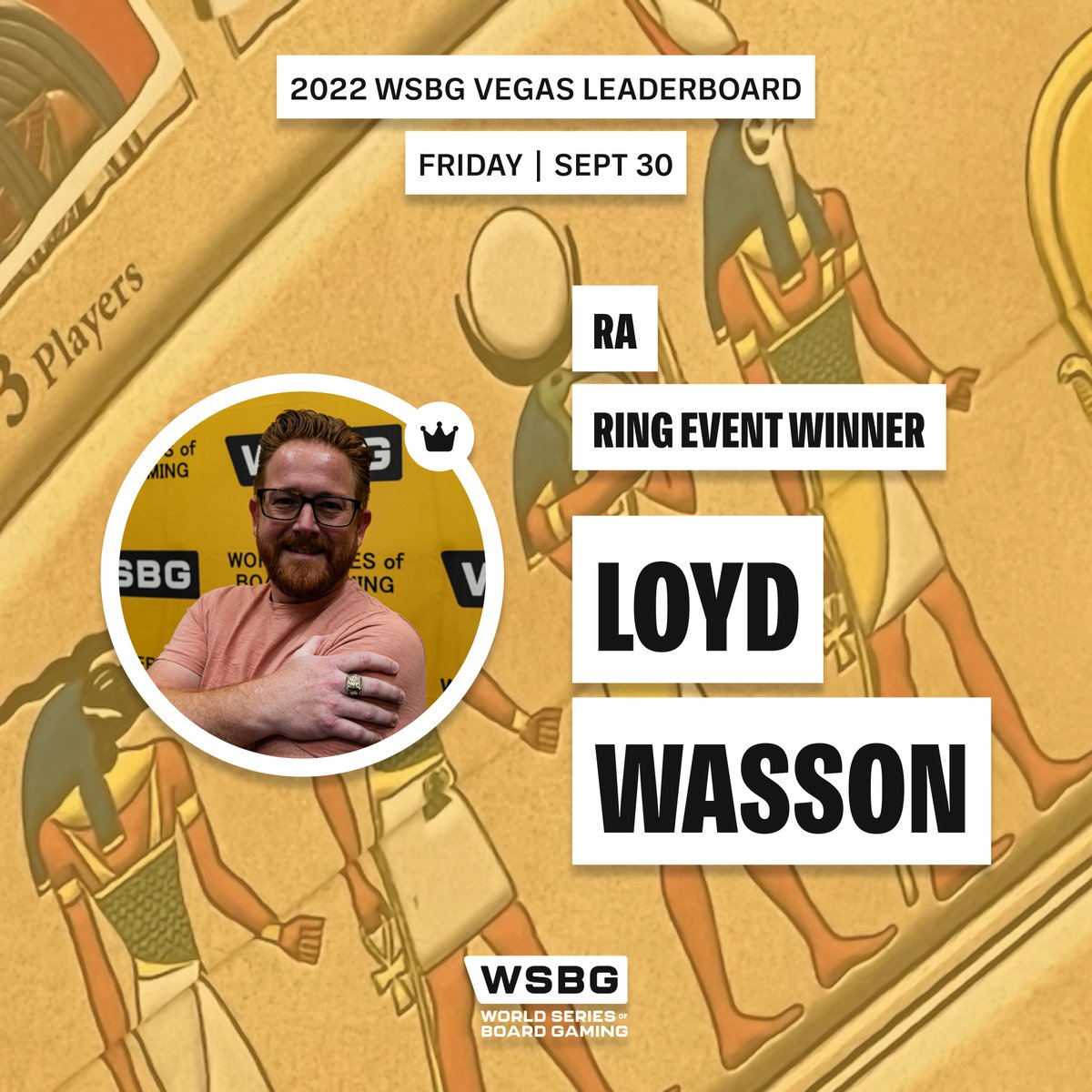 WSBGofficial's tweet photo. Congratulations to Friday's Ring Event Winners—including Semifinalist Nick Henning, who has now won 2 WSBG Rings! (1/2) 📸: @ken_takes_pics
#wsbg #wsbgvegas #greatwesterntrail #gaiaproject #ragame #tickettoride #azulboardgame #boardgamecommunity #2022wsbgvegasresults https://t.co/TDhTGIRhtP
