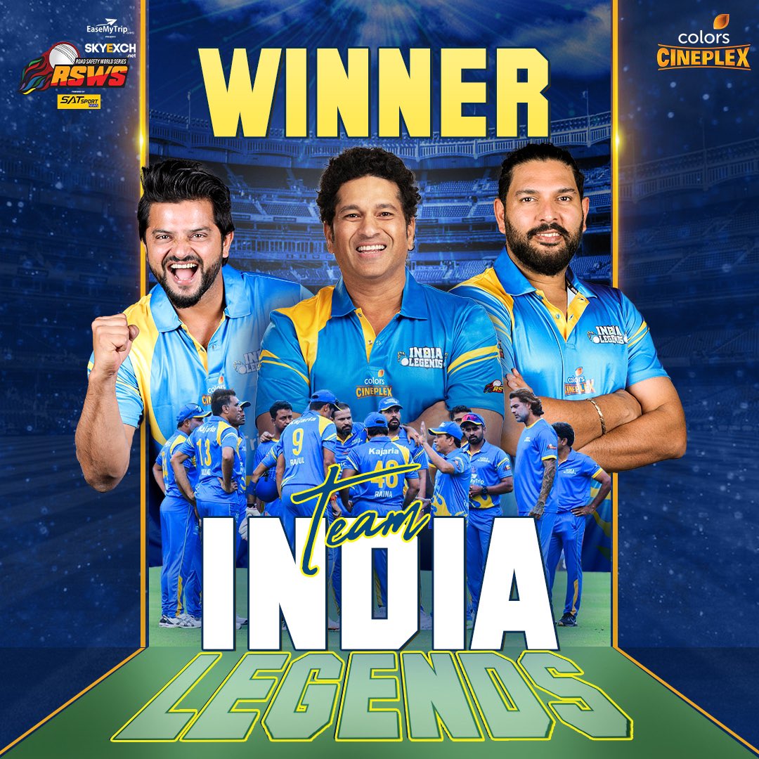 Hathioadkudawla's tweet photo. 𝘼𝙡𝙚𝙭𝙖 𝙥𝙡𝙖𝙮 "𝙒𝙚 𝙖𝙧𝙚 𝙩𝙝𝙚 𝘾𝙝𝙖𝙢𝙥𝙞𝙤𝙣𝙨" 🎶

@sachin_rt's India Legends script another historic win to lift their second Skyexch Road Safety World Series 🏆

#RSWS2022 #INDLvsSLL #YehJungHaiLegendary #RSWS #Sports18 https://t.co/eLBRQ9SqaK