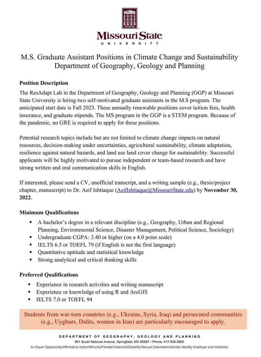 I am hiring two MS graduate assistants in Fall 2023! Successful applicants will conduct climate change and/or sustainability-related research.
 
Preference will be given to students from war-torn countries (e.g., Ukraine) and persecuted communities (e.g., Uyghurs, women in Iran).