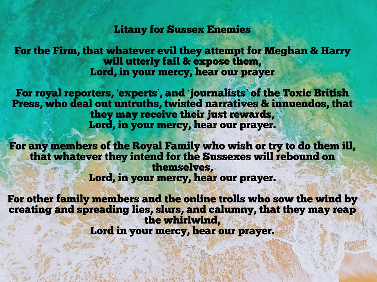 Daily prayers for #PrinceHarry’s &amp; #PrincessMeghan’s enemies on #SussexPrayerChain #RoyalFamilyLied #KingCharlesTheCruel

 Let ruin come upon them unawares;
    let them be caught in the net they hid;
    let them fall into the pit they dug.
— Psalm 35