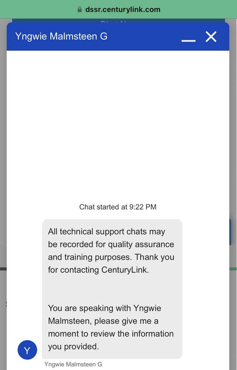 bob_page's tweet photo. I mean @OfficialYJM has got to be doing better than support chat for @CenturyLink ??? Yngwie is an incredible musician. But a lousy chat support person. Transferred me to Pooja who disconnected me. Pretty lousy customer service Century Link. https://t.co/SkpJK92Czc