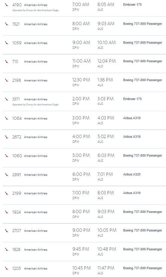 IshrionA's tweet photo. American Airlines will introduce a 15th daily flight on its Dallas/Fort Worth (DFW) to Austin (AUS) route starting January 10.

It really seems like they're going for that "American Shuttle" style of timings.

I believe this is American's highest frequency route. https://t.co/WcZrfHRmMW