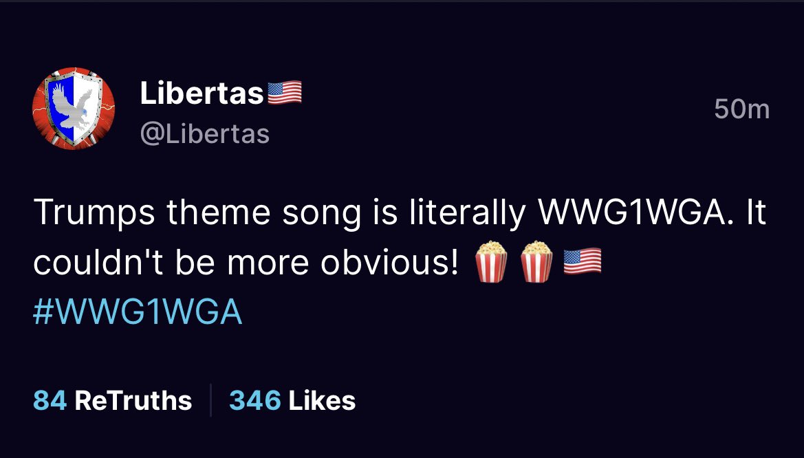 RonFilipkowski's tweet photo. QAnon people on Truth Social excited Trump played their song again tonight at his rally. https://t.co/hFSUFZP7VW