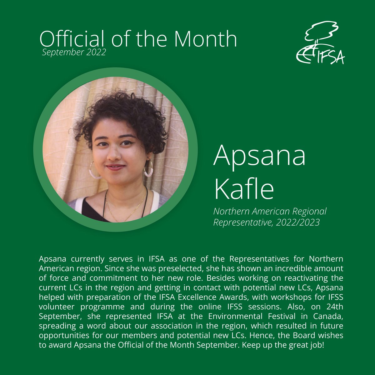 The Board wishes to award Apsana the September Official of the Month. Keep up the great job!