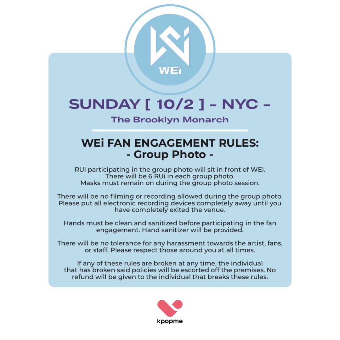kpopmeent's tweet photo. VVIP &amp; VIP RUi 🎉

Below you can find the information for the fan engagement event that will follow the concert. 

To ensure a fun &amp; safe time, please go over all guidelines 💕

See you soon! 💙💜

#위아이 #WEi
#2022_WEi_WORLD_TOUR https://t.co/mr9dReeQ0K