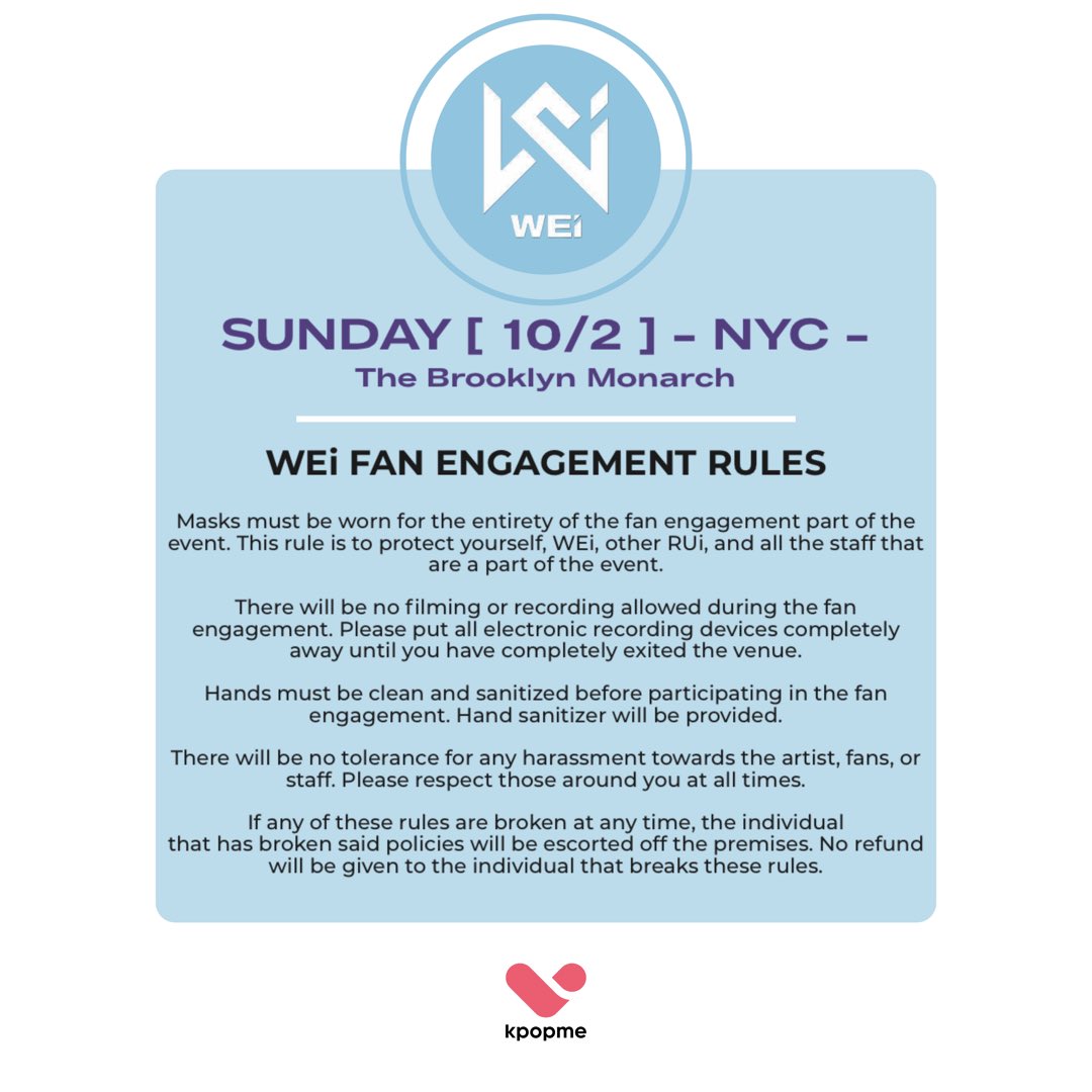 kpopmeent's tweet photo. VVIP &amp; VIP RUi 🎉

Below you can find the information for the fan engagement event that will follow the concert. 

To ensure a fun &amp; safe time, please go over all guidelines 💕

See you soon! 💙💜

#위아이 #WEi
#2022_WEi_WORLD_TOUR https://t.co/mr9dReeQ0K