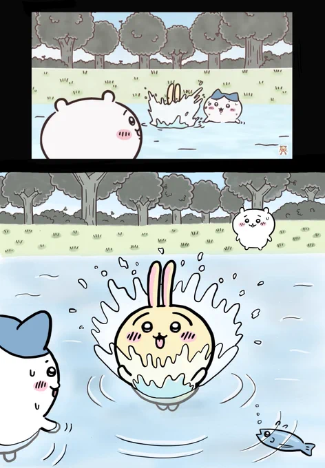 こないだのちいかわアニメ(めざましテレビ)のうさぎが川に飛び込むところを別アングルから描いてみました。 #ちいかわ #ちいかわファンアート #ちいかわ二次創作 