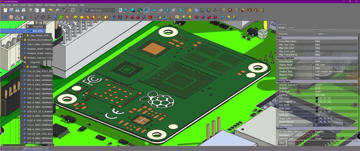 OficineRobotica's tweet photo. FreeCAD random screenshot of the day.
This is how a @kicad_pcb export looks inside @RealThunder12 's @FreeCADNews #LinkStage3 when in "Shadow" display mode.
If you like what you see consider supporting RealThunder at https://t.co/PGIVqGnT7z https://t.co/nZphqIU6bO