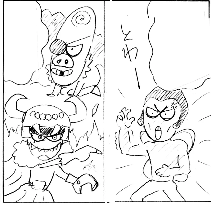 [制作の裏側]
あきやまただしがシナリオ、ラフを制作し娘のえみが下描き〜清書を担当しております! <スタッフ>

モンシロー町へ行く第13話より 