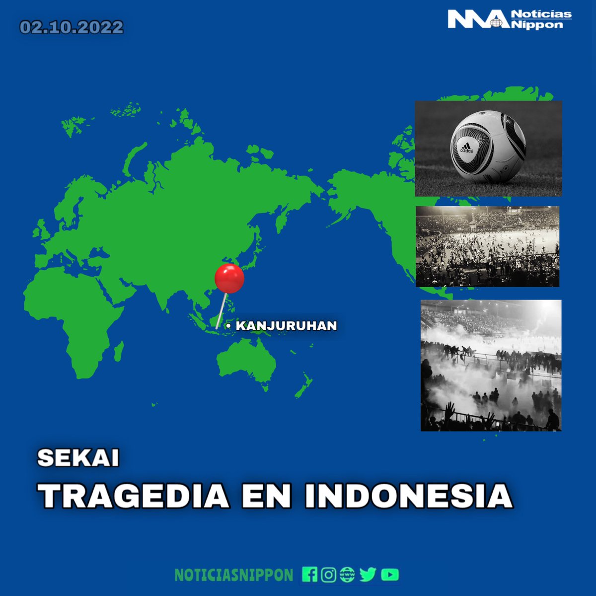 NoticiasNippon's tweet photo. [SEKAI] disturbios en estadio entre hinchas del #ArenaFC y #PersebayaSurabaya en estadio de #Kanjuruhan provocó la muerte de al menos 127 personas y varios cientos de heridos en #Indonesia. 

#世界　#インドネシア　#サッカー　#noticiasnippon #mundo https://t.co/vTilvmuspk