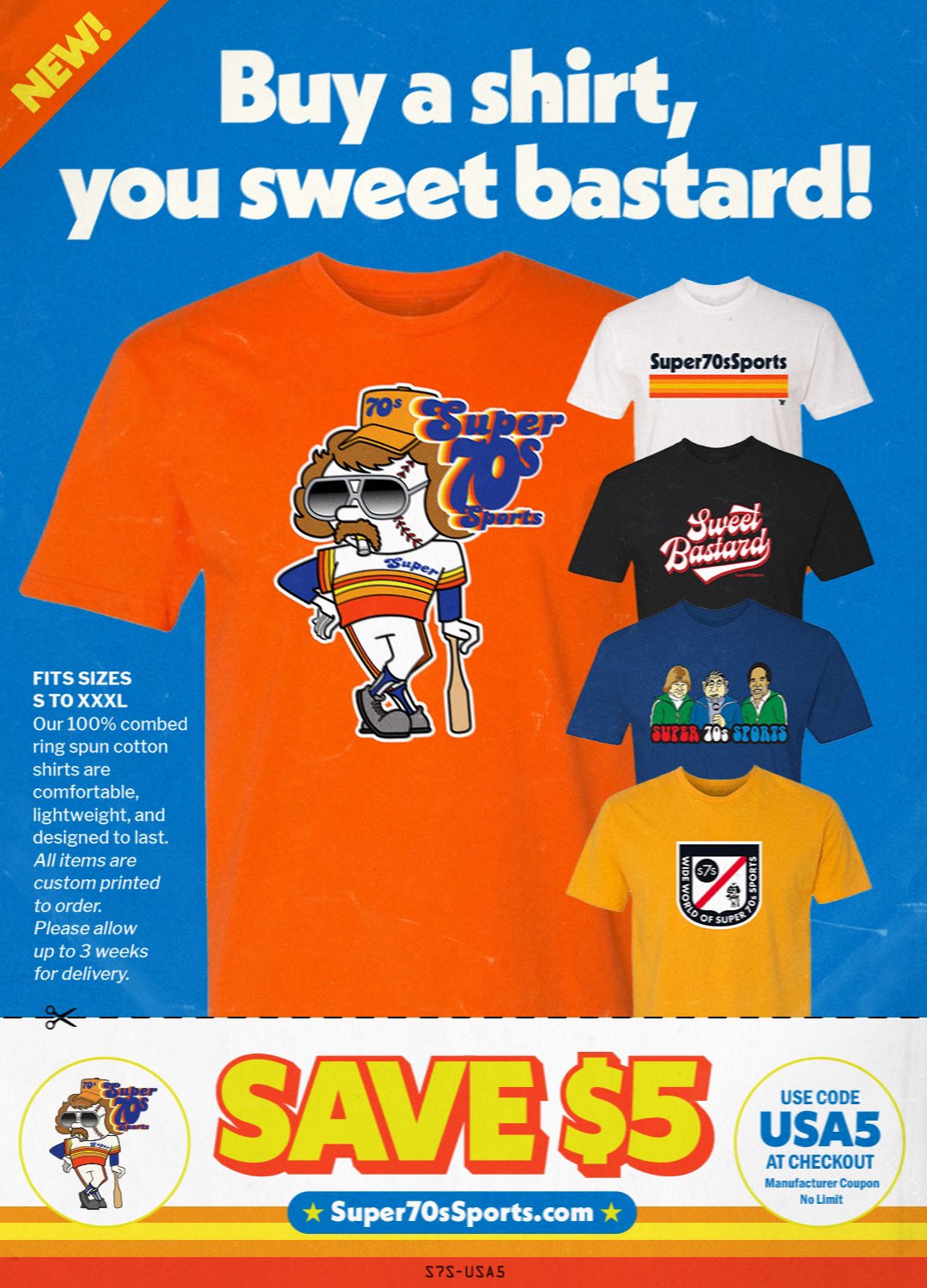 Super 70s Sports on Twitter: "Get $5 OFF every shirt in the S7S Store