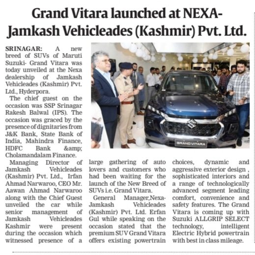 journoMehdi's tweet photo. Grand Vitara launched at NEXA- Jamkash Vehicleades Hyderpora , Srinagar.

#MarutiSuzuki #JamKash #Srinagar #vitara2022 https://t.co/rmxAandGM9