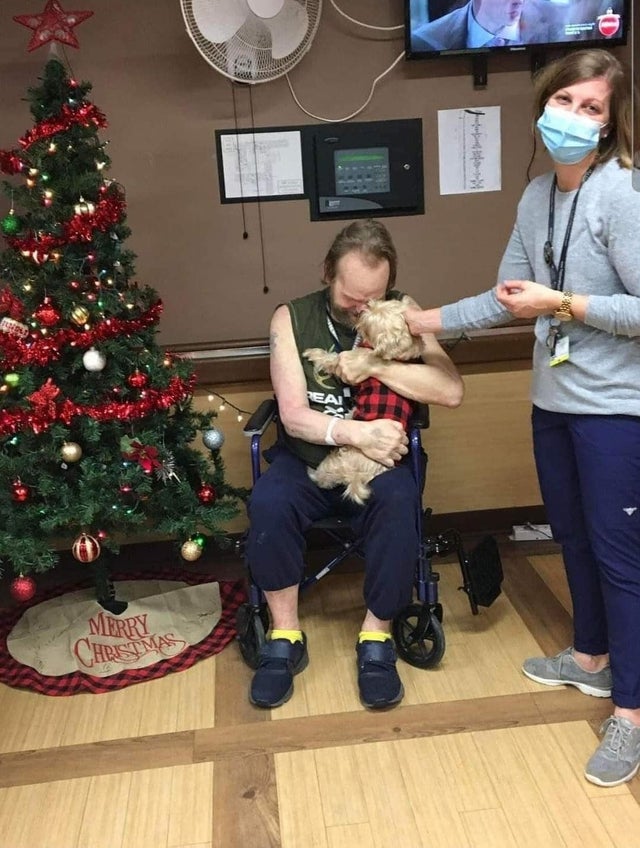 'This man was forced to give his dog to Humane Society due to lengthy hospital stay. This nurse went to the shelter and adopted his dog. She brings him to visit daily & will return him as soon as the man is released!'