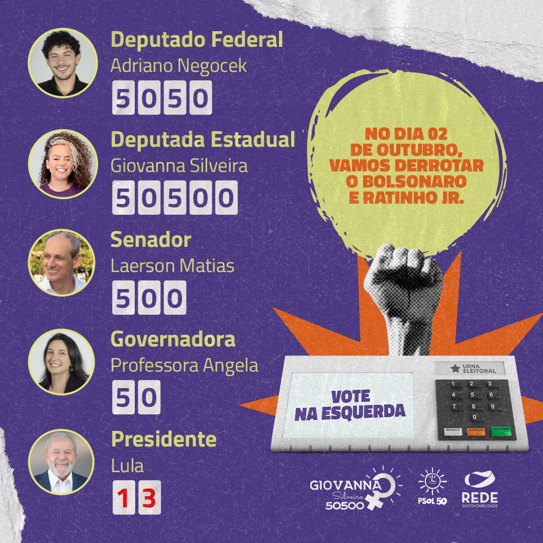 giovannapsol's tweet photo. veio aí a colinha de milhões! ☀️

esses vão ser os meus votos amanhã. bora derrotar a extrema-direita nas urnas e ocupar o poder com as lutas do povo!

amanhã é 5️⃣0️⃣5️⃣0️⃣0️⃣ e confirma! ✅ https://t.co/2XAMvoWajH
