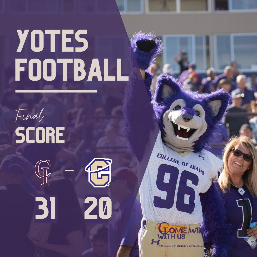 YoteAthletics's tweet photo. FOOTBALL | @YotesFootball wins! Yotes win! No. 11 College of Idaho picks up 15 TFLs including three by Keegan McCoy and two rushing TDs by Jon Schofield lead the Yotes to a 31-20 road win over No. 24 Carroll. #ComeWinWithUs #NAIAFootball https://t.co/31nYHmSIVW