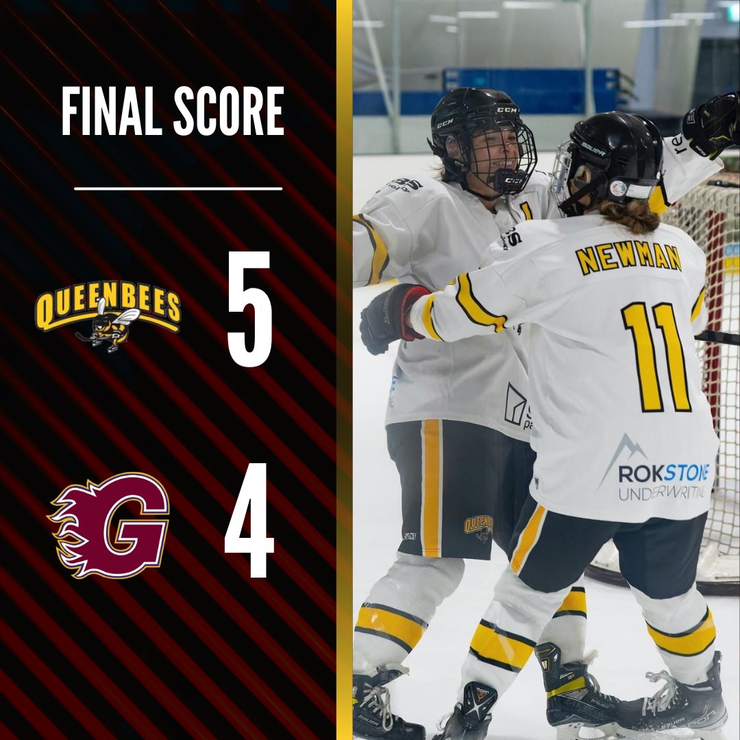 QueenBeesHockey's tweet photo. Final score from this evening 🙌
Another close and exciting match against Guildford Lightning.
QB’s goals from Cartwright x2, Newman x2 and Wakeling. 
Player of the game - Amelia McGinlay! 🐝
#QueenBees | #WNIHLElite https://t.co/GzZAEQSgJh