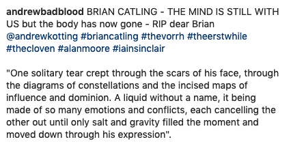vexcavator's tweet photo. Andrew Kötting IG andrewbadblood "BRIAN CATLING - THE MIND IS STILL WITH US but the body has now gone - RIP dear Brian @andrewkotting #briancatling #thevorrh #theerstwhile #thecloven #alanmoore #iainsinclair" https://t.co/IIXpmUaulW (posted 3d ago) pic: David Tolley https://t.co/urvNgxCRKM