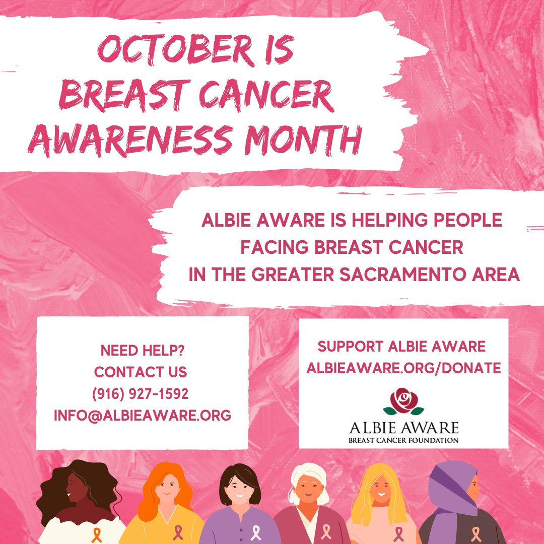 AlbieAware's tweet photo. October is #BreastCancerAwarenessMonth If you live in the greater #Sacramento area and you a) need a mammogram b) have breast health concerns c) been diagnosed with breast cancer or d) are a breast cancer survivor please contact #albieaware #breastcancer https://t.co/tW6sqPypC7