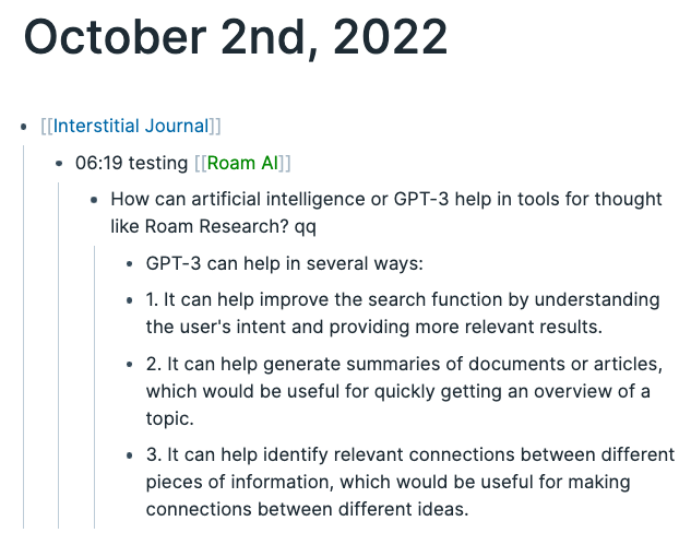 kcorazo's tweet photo. GPT-3 is finally in Roam Depot! 

My first run: it suggests some future features!
#1 AI-assisted search
#3 AI-assisted linking of blocks

Thanks @Lay_Bacc! https://t.co/uaiI2ar7Zv