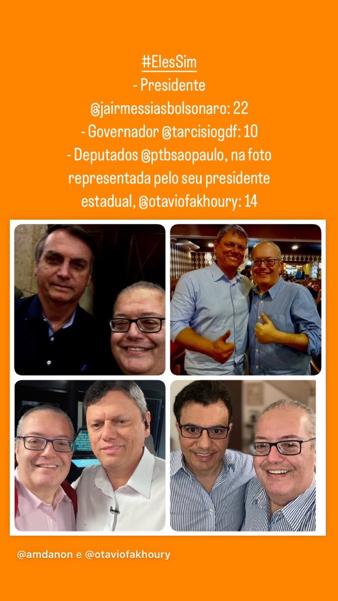 amdanon's tweet photo. #ElesSim
- Presidente @jairbolsonaro: 22
- Governador @tarcisiogdf: 10
- Deputados @ptbsaopaulo, na foto representada pelo seu presidente estadual, @opropriofaka: 14 https://t.co/fpO9Rt32Wk